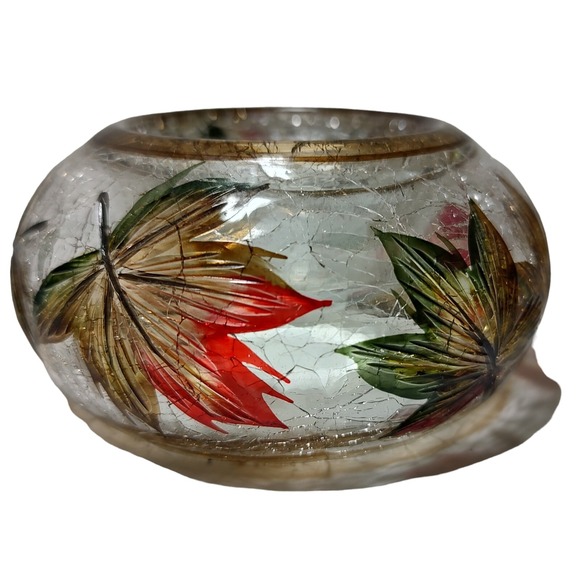 Crackle Glass Tea Light Holder Autumn Fall Maple Leaf‎ Burner 3.75 x 2 in - Picture 1 of 7